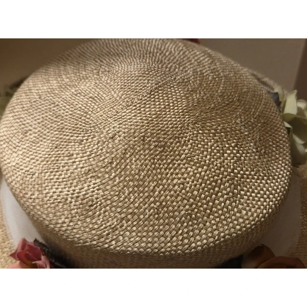Deborah Rhodes Mocha Wide Brim Hat Sinamay Floral Derby Church Wedding 22.5